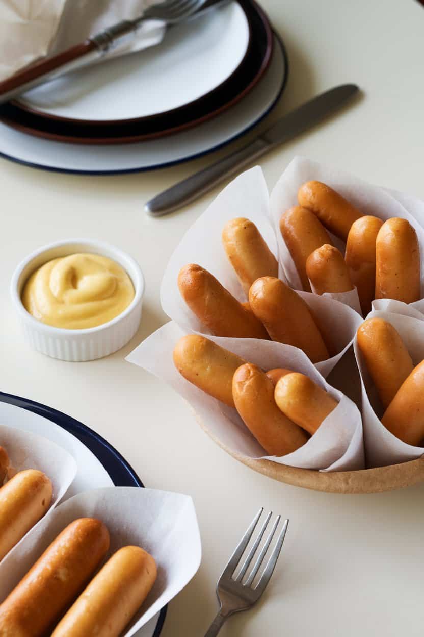 An indoor dining table lined with bite-size baked corn dogs in a parchment cone beside a ramekin of yellow mustard. No text or logos anywhere
