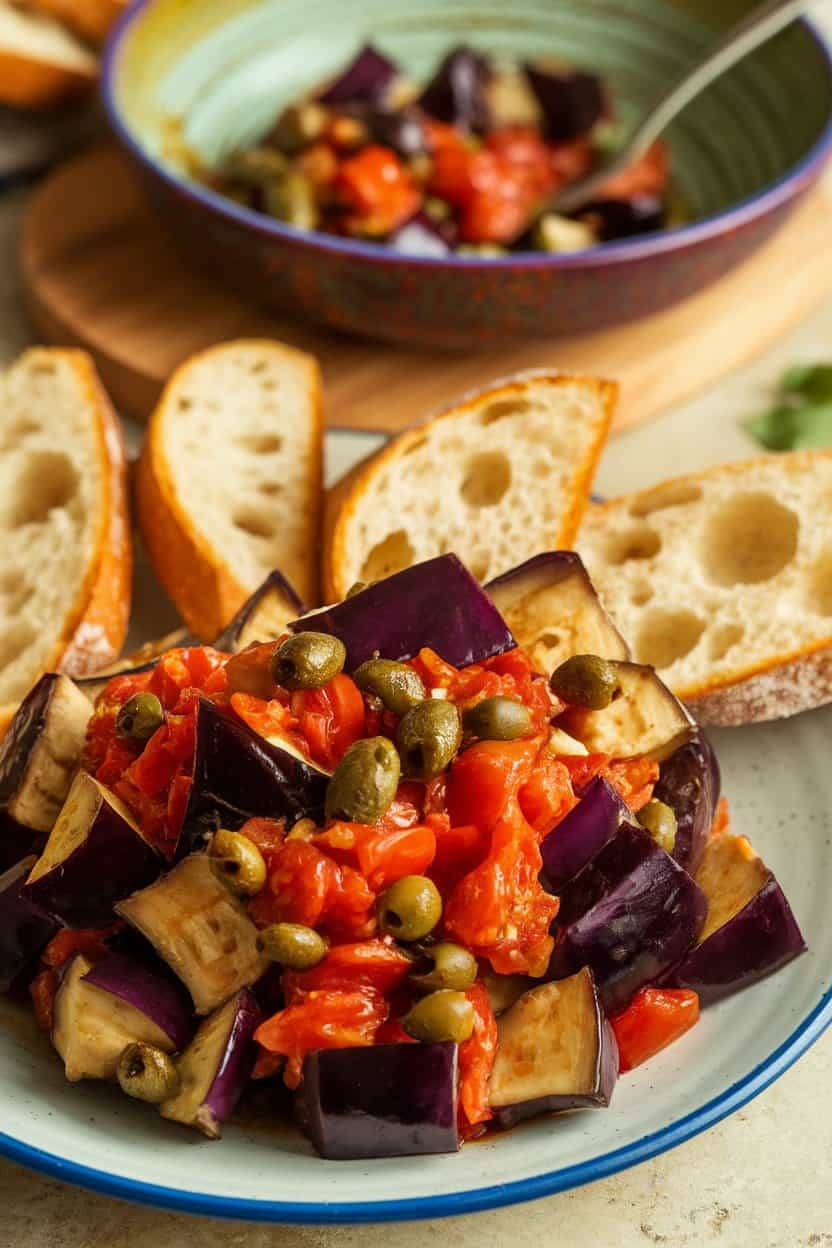 A photo of a dish with diced eggplant cooking down with tomatoes, olives, capers, and olive oil into a sweet-savory relish.