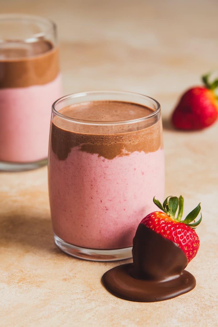 Indoor setting featuring a dual-layer smoothie: pink strawberry base topped with a thin chocolate layer in a clear glass. A strawberry dipped halfway in melted chocolate rests beside the glass; no logos.
