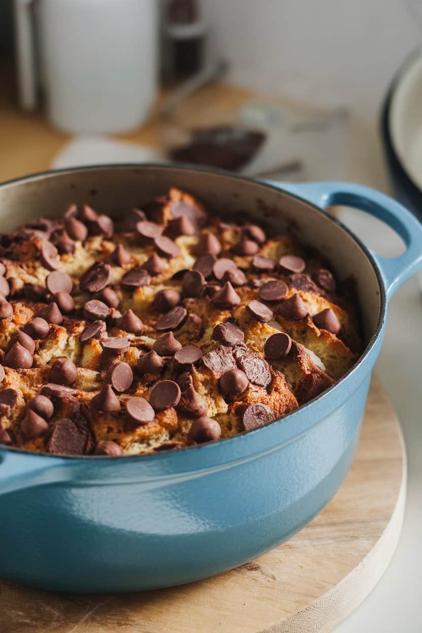 An indoor Dutch oven filled with chocolate-studded bread pudding, the surface lightly cracked and glossy. No logos on cookware.