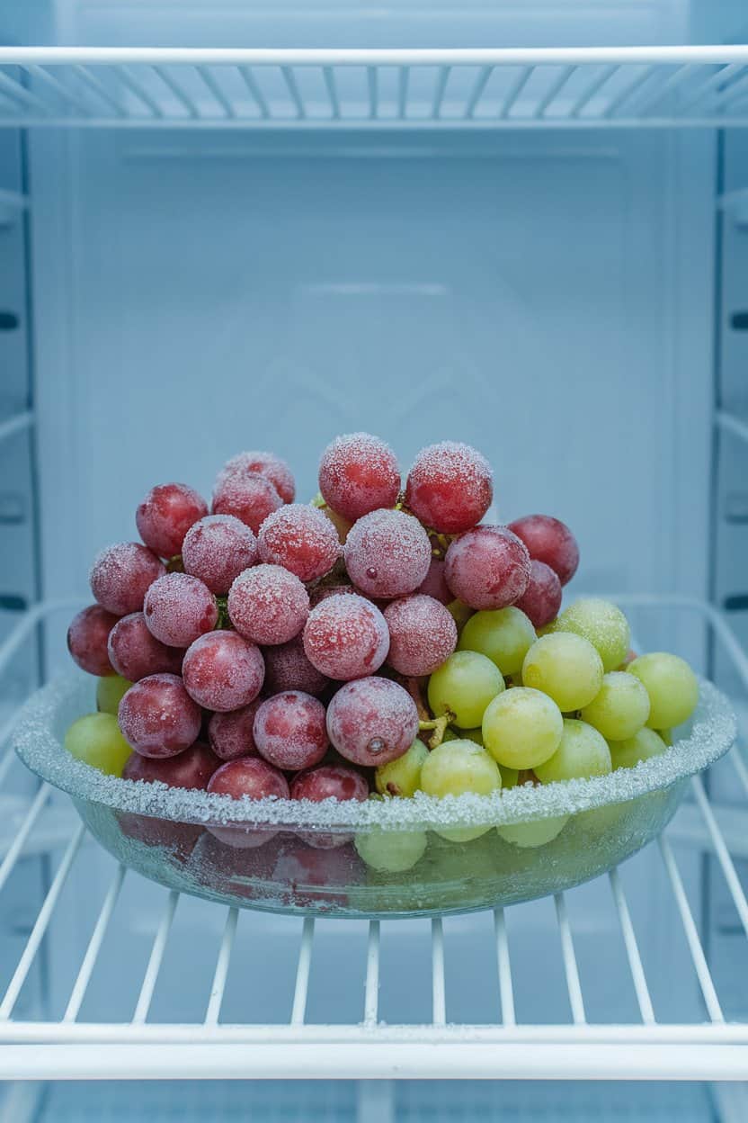 An indoor freezer shelf with a shallow dish of frosty red and green grapes, ice crystals visible, no text or logos.