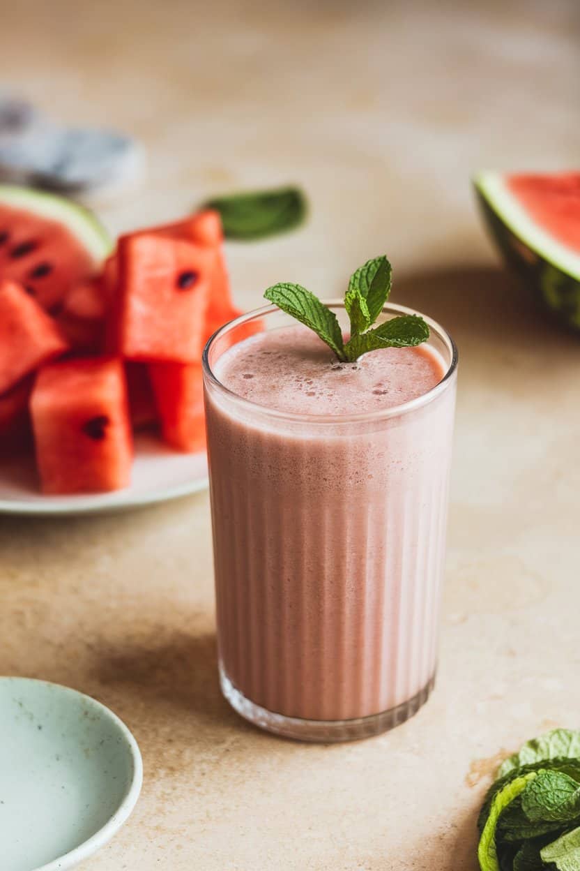  Indoor scene with a frosty light-red watermelon smoothie in a tall glass, a tiny mint sprig on top and cubed watermelon on a plate nearby. No branding or text.