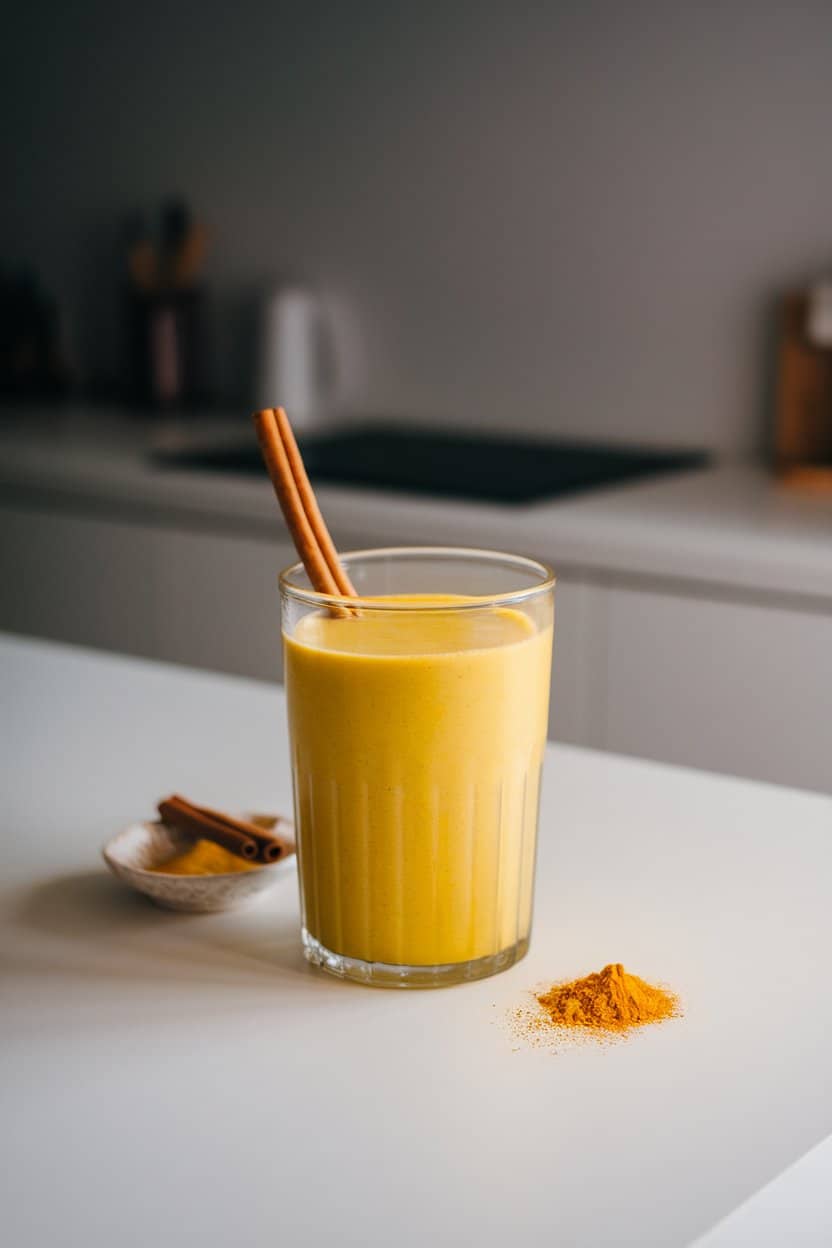 Indoor kitchen island with a bright golden smoothie in a clear glass, cinnamon stick resting against it. Turmeric powder in a small pinch bowl nearby; no text or logos.
