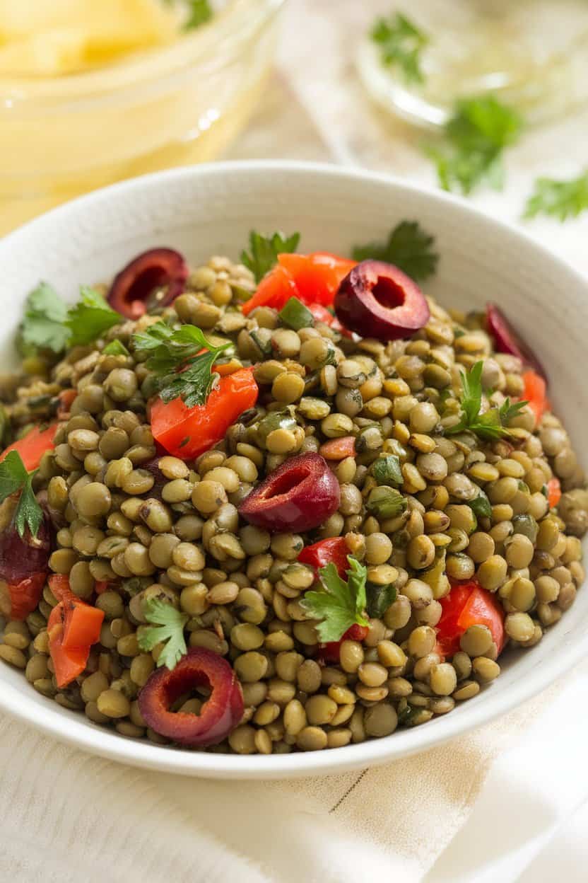 A photo of a green lentil salad. There are green lentils, diced red pepper, sliced olives, parsley, and red-wine vinegar in the salad. 