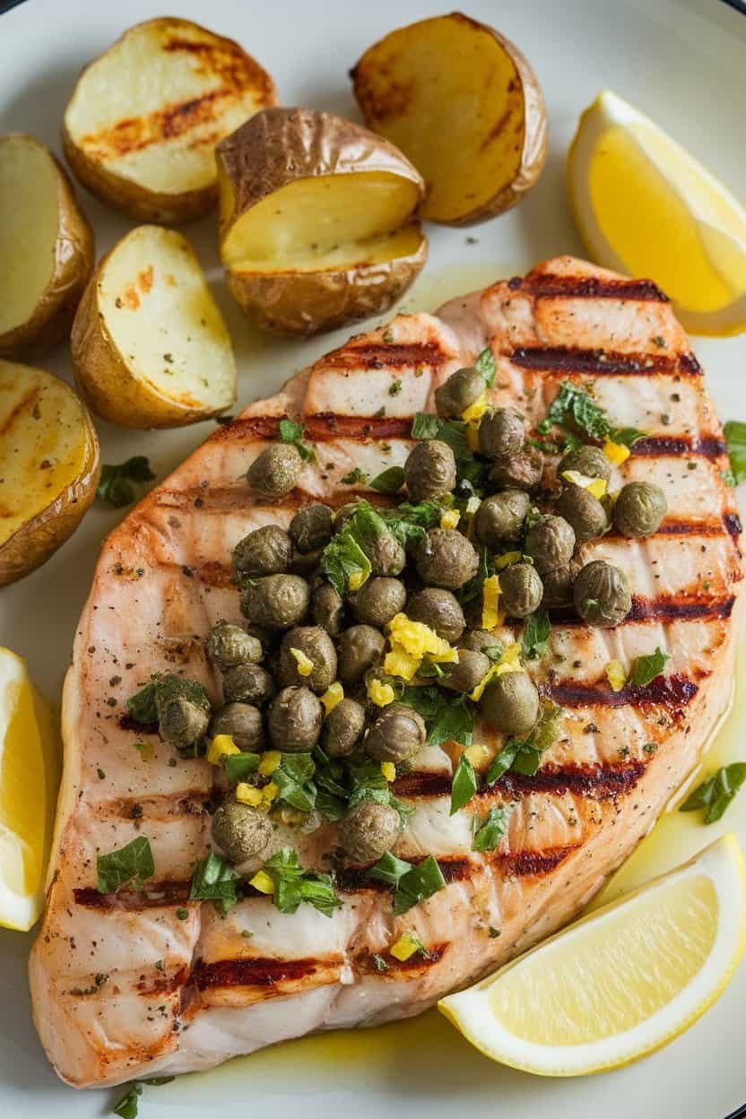 A photo of a grilled swordfish steak with a side of roasted potatoes.