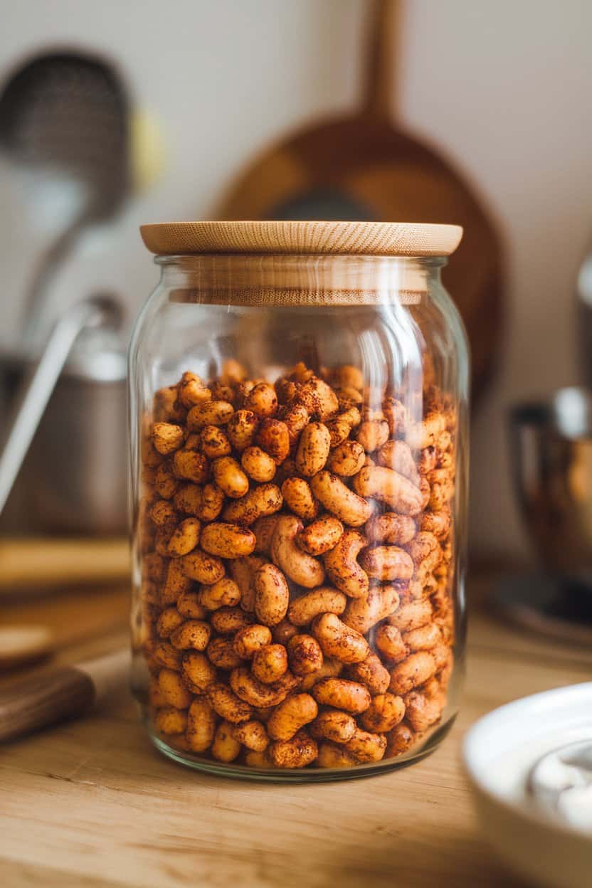 Indoor kitchen jar filled with mixed roasted nuts coated in visible spice flecks, lid off to show texture. No branding in frame.
