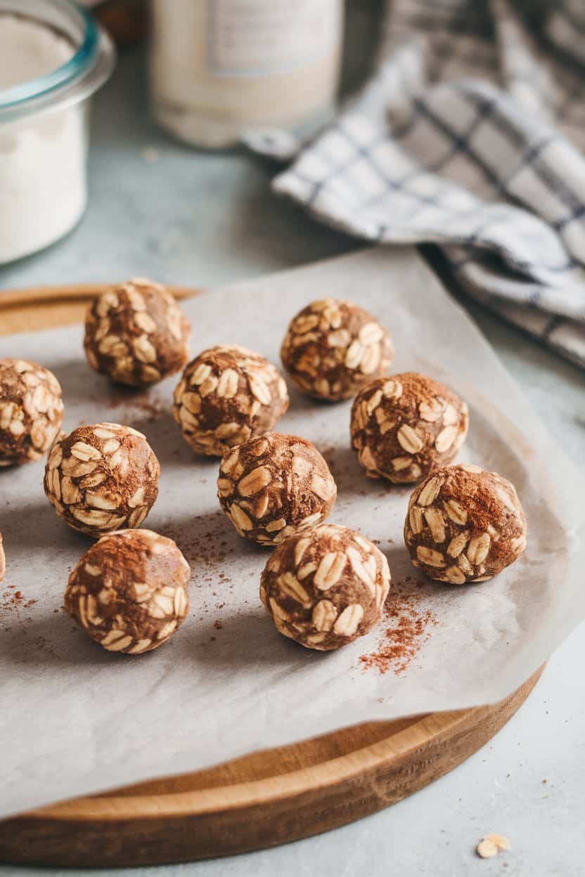  Indoor kitchen counter with several small round energy balls made from oats, dates, and cocoa powder displayed on parchment paper. No logos or text visible.
