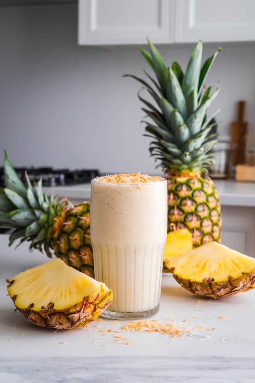 Bright indoor kitchen island with a creamy off-white pineapple-coconut smoothie in a shaker glass, dusted with toasted coconut. Sliced pineapple nearby; no text or branding.