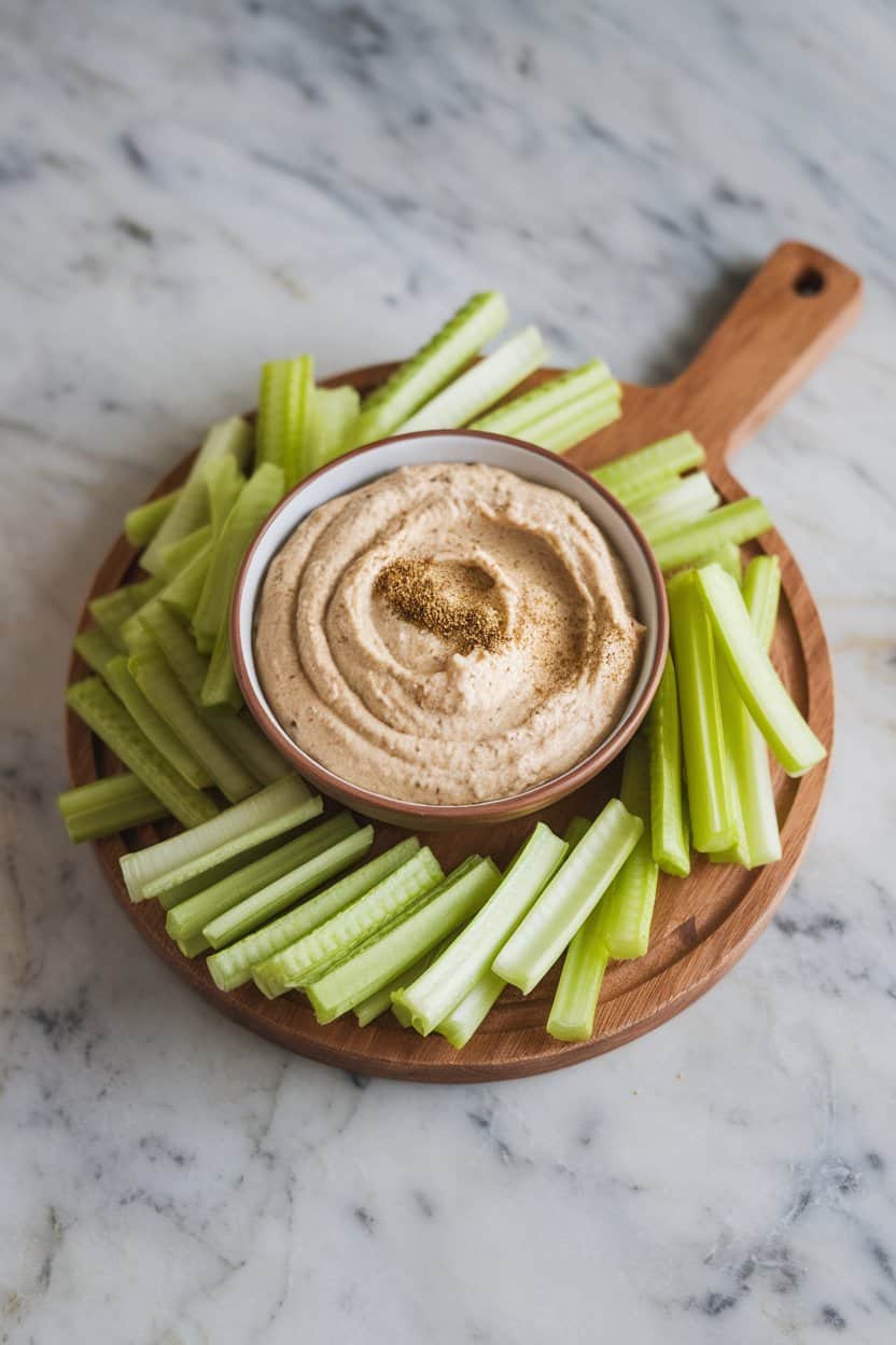  Indoor kitchen scene featuring crisp celery sticks arranged around a small bowl of creamy tahini dip. Neutral backdrop, no logos.