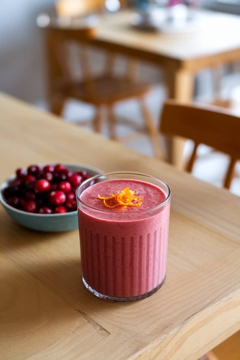  Indoor kitchen table with a vibrant crimson smoothie in a clear glass, orange zest garnish. A bowl of cranberries nearby; no logos.