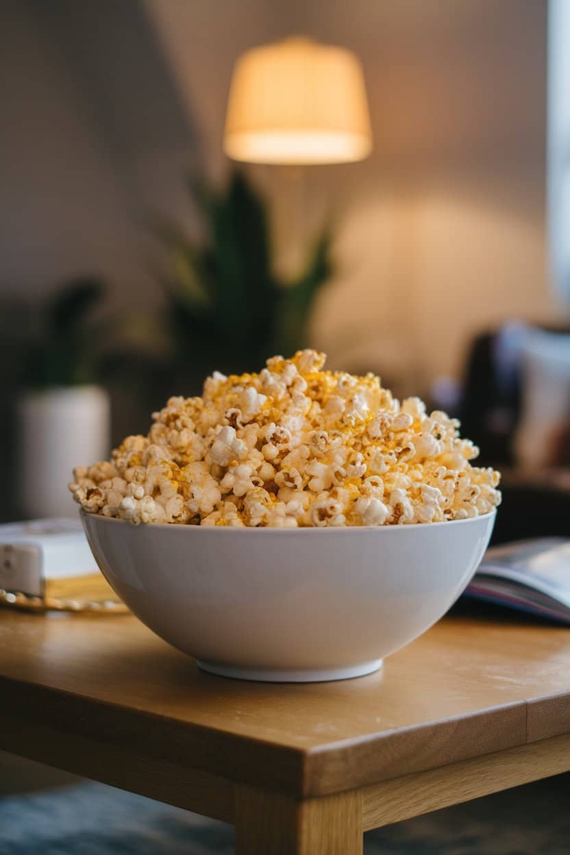 An indoor movie-night coffee table holding a large white bowl of fluffy popcorn dusted with yellow nutritional yeast, soft lamp light—no logos present.