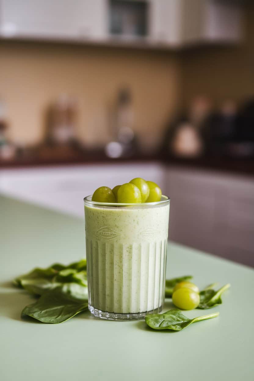 An indoor countertop photo of a light green smoothie in a glass with a few green grape halves floating on top, spinach leaves scattered around. No text or logos