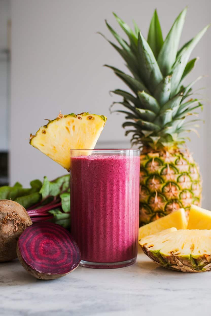 Indoor countertop with a vibrant magenta smoothie in a clear glass, pineapple wedge on rim, diced beet and pineapple pieces staged beside. No logos, text-free