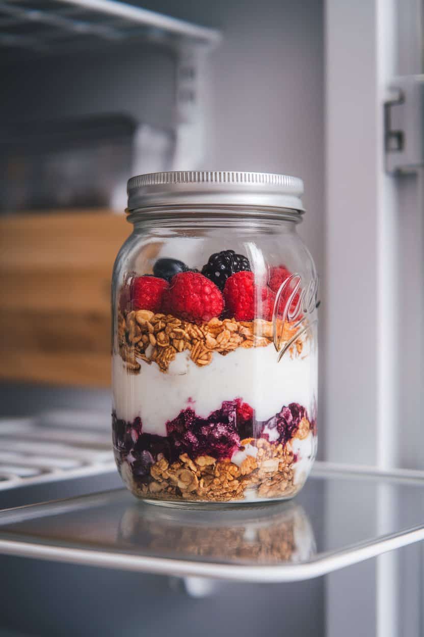 An indoor fridge door shelf showing a mason jar with visible layers of yogurt, granola, and mixed berries, lid screwed loosely on—no text or logos