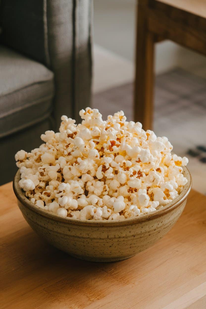 A medium ceramic bowl of air-popped popcorn on an indoor coffee table, lightly misted with olive oil. No logos or text present.