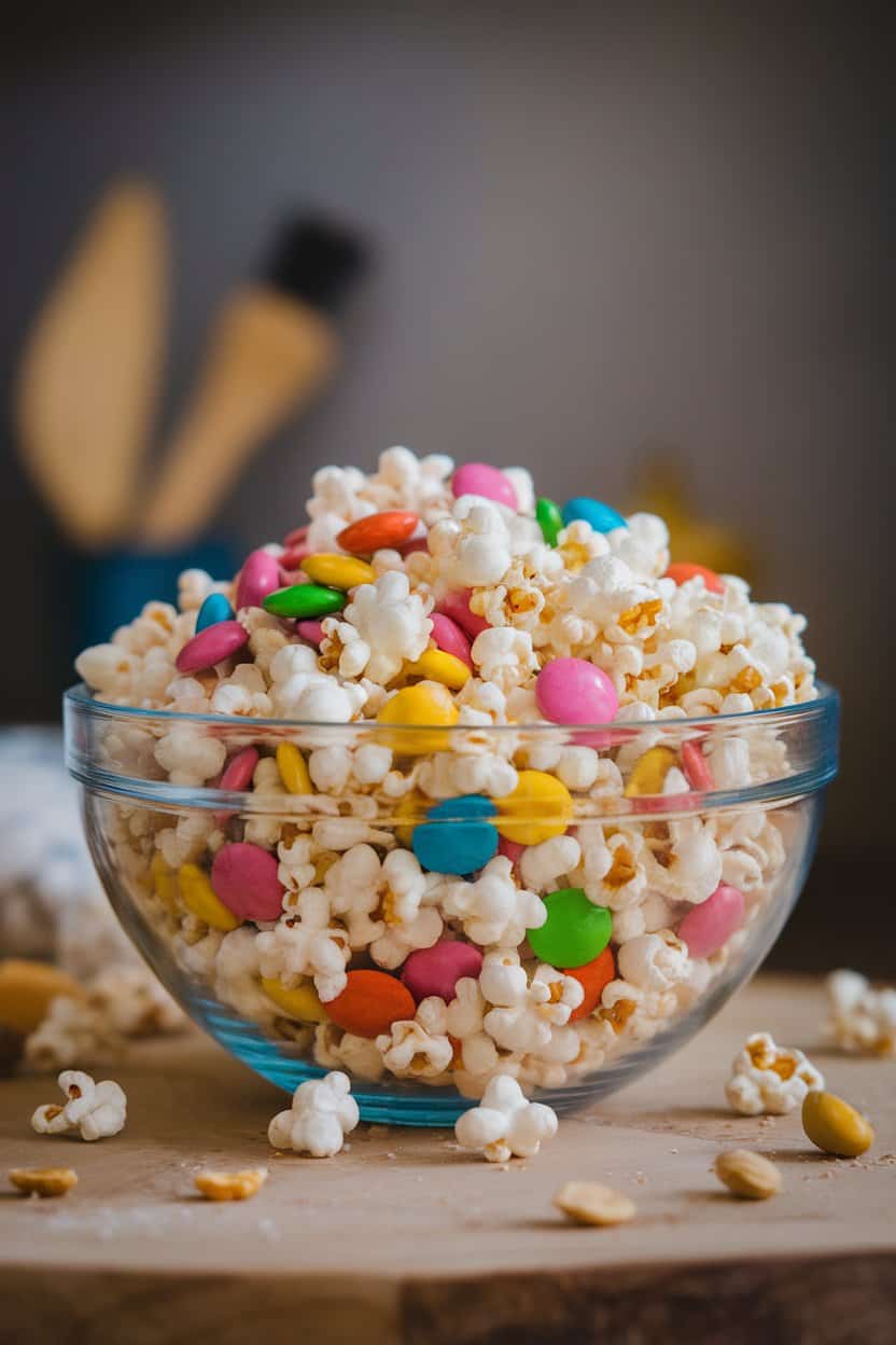 An indoor mixing bowl holding a playful blend of popped popcorn, colorful candy chocolates, and salted peanuts. Soft diffused light, no text or logos