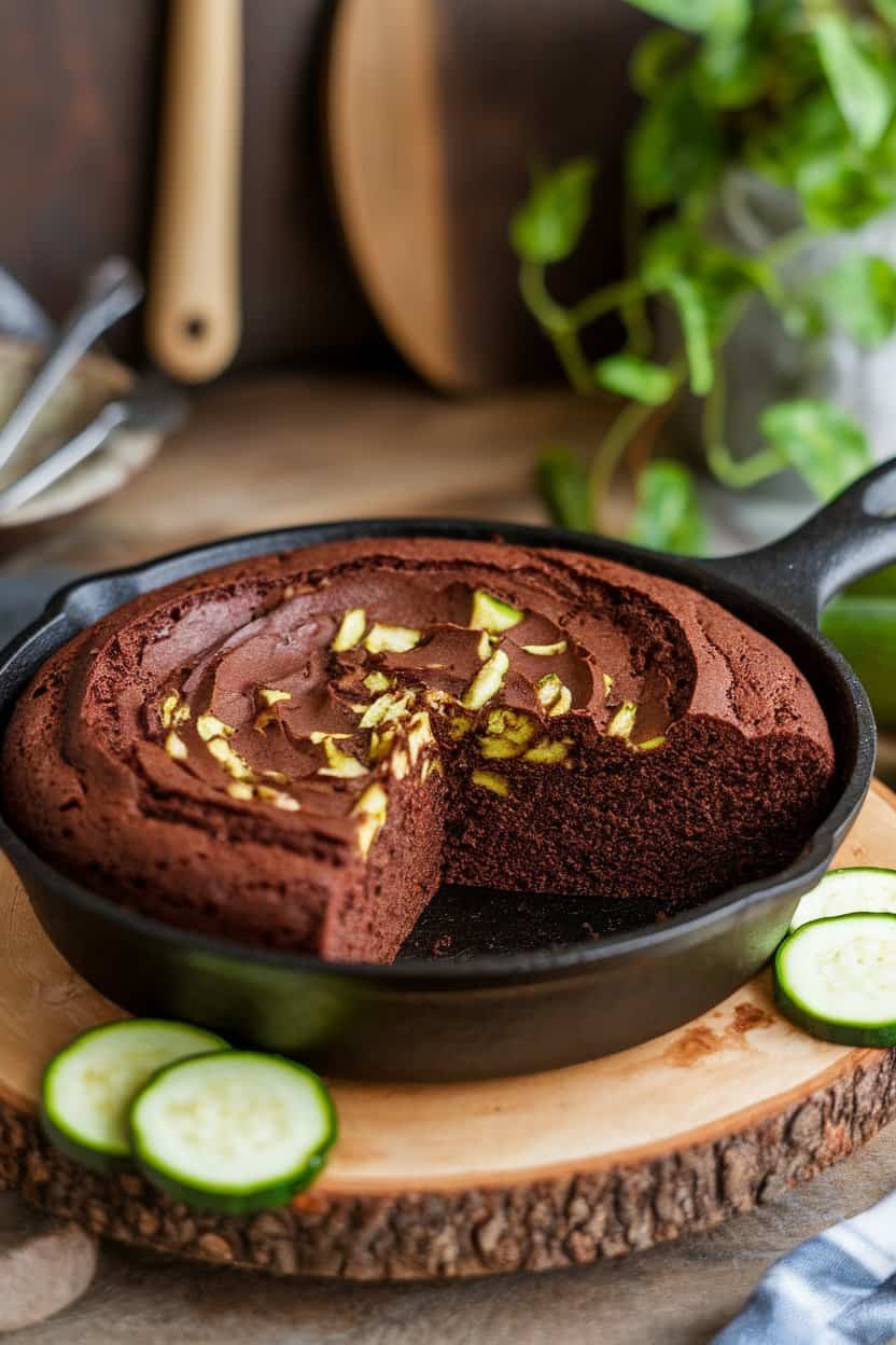  A moist slice of dark chocolate cake showing flecks of zucchini, resting in a small skillet indoors. No text or logos. Photo only.