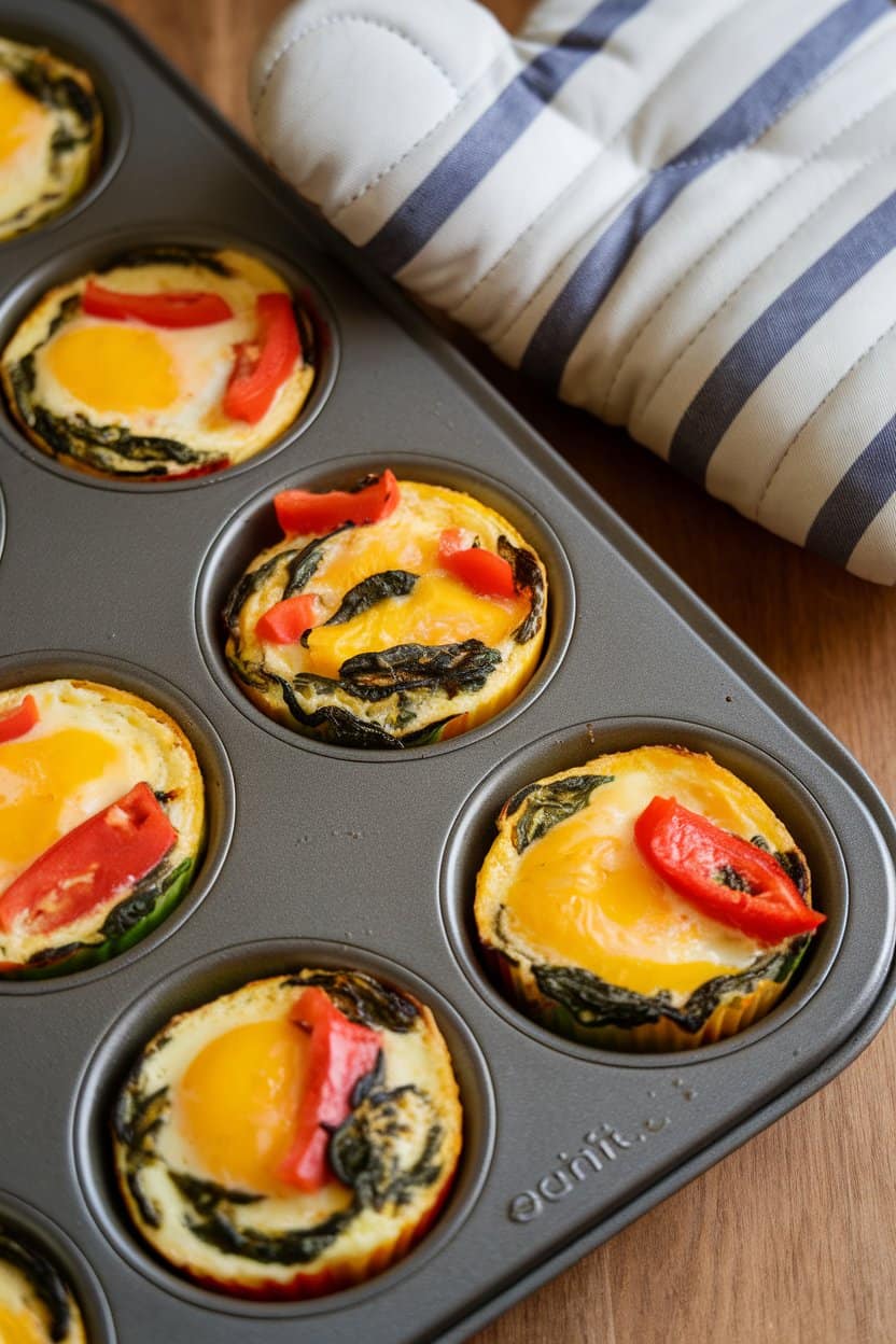 An indoor muffin tin filled with colorful baked egg cups featuring visible spinach, tomato, and bell pepper pieces, oven mitt resting beside—no logos or text