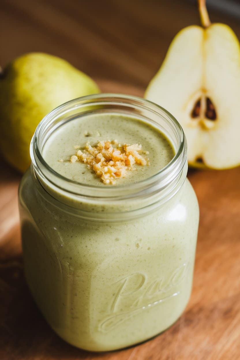 Soft indoor lighting on a pale green pear smoothie in a glass jar, tiny grated ginger garnish on top, sliced pear to the side. No logos, text-free