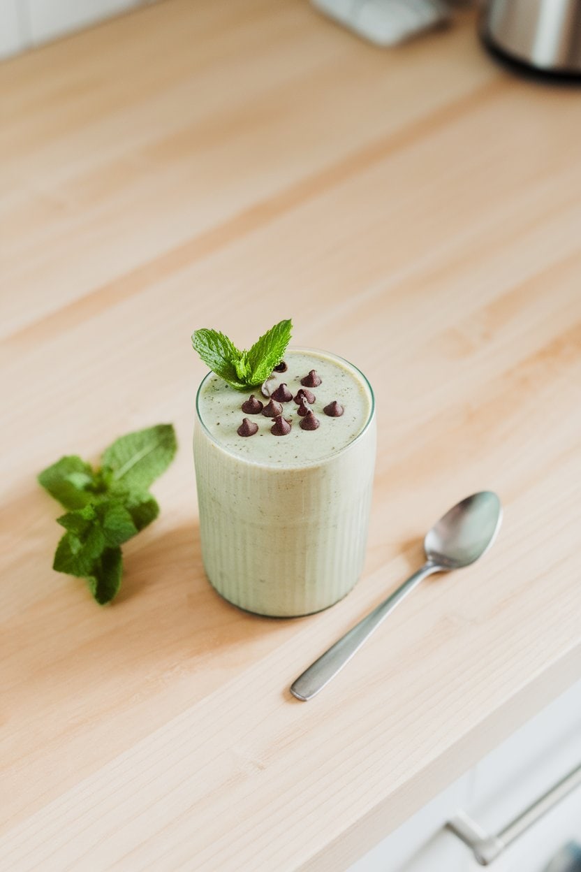 Indoor countertop with a pale green smoothie sprinkled with mini dark chocolate chips, fresh mint leaves alongside. No logos; photo only