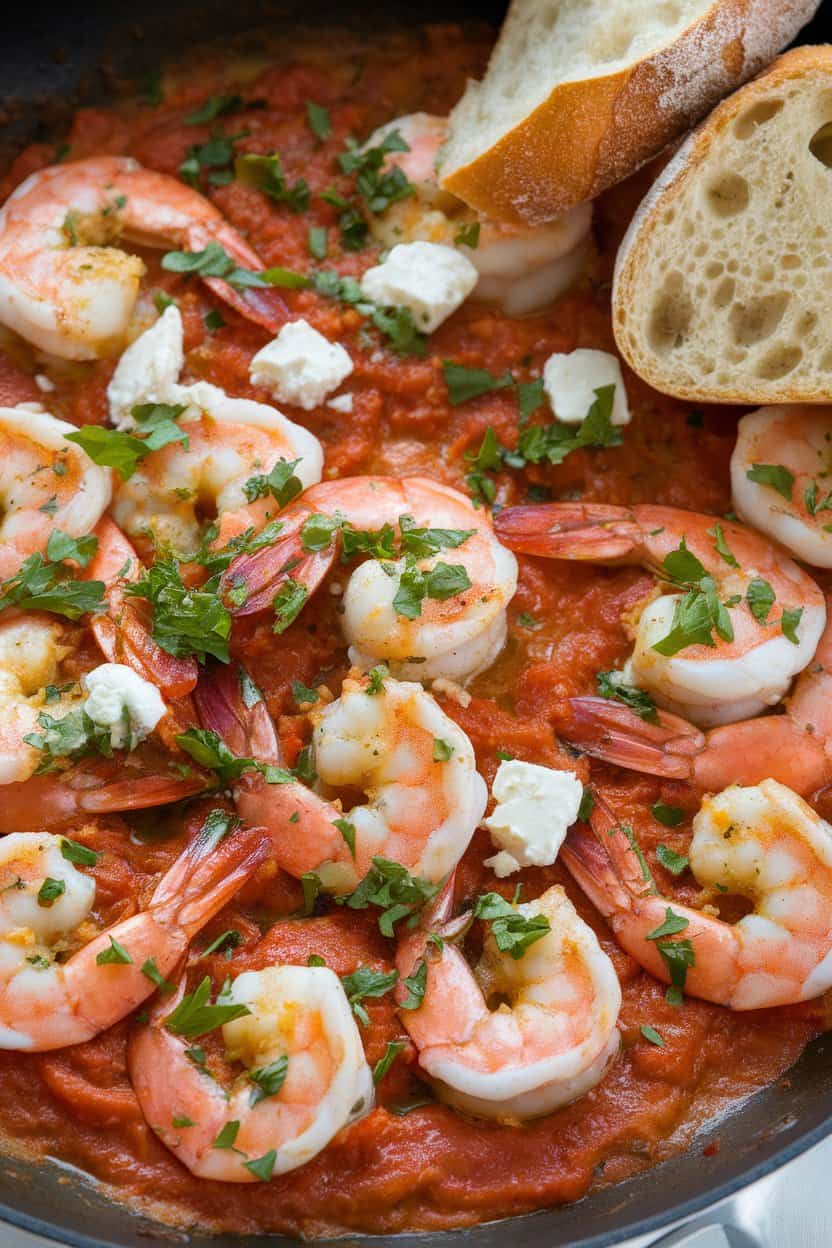 A photo of a pan-seared shrimp dish with a tomato-garlic sauce. The shrimp is cooked and nestled in the sauce, which is thickened with feta cheese.