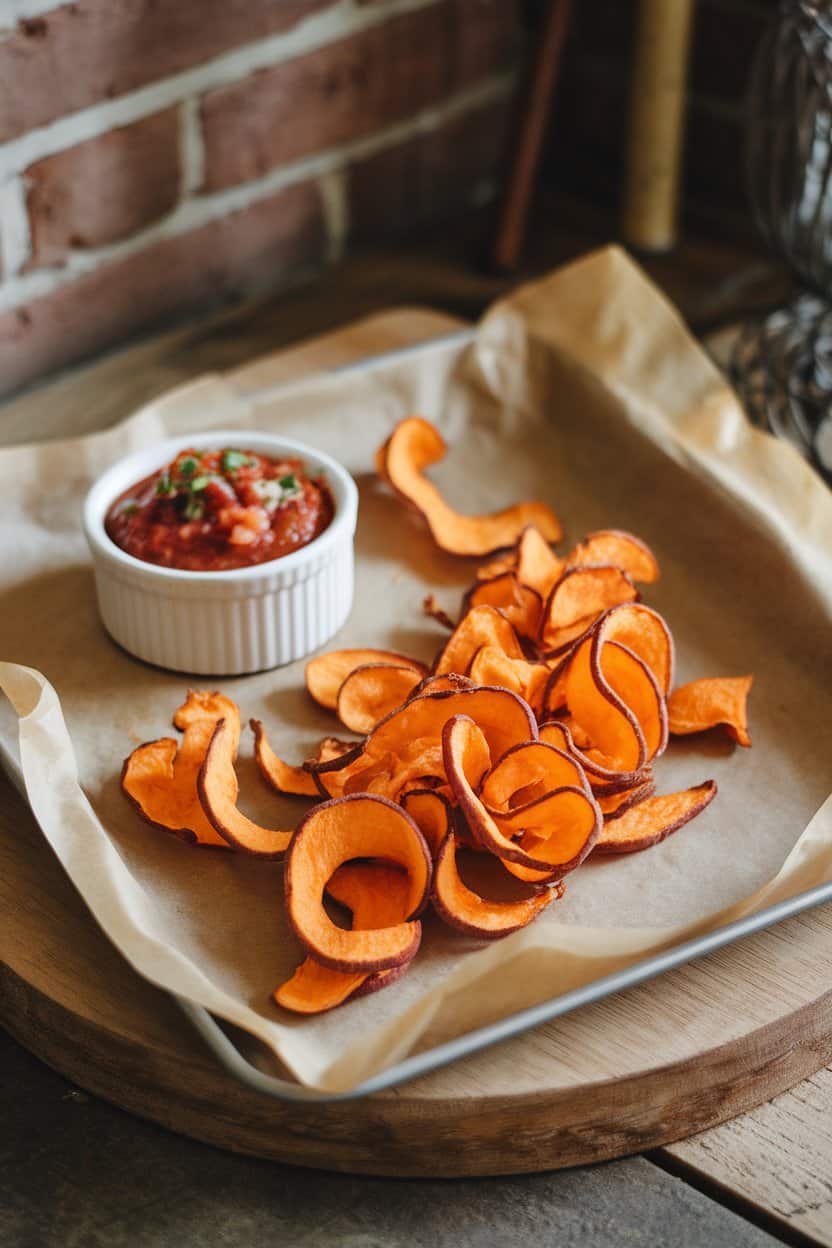 An indoor snack tray lined with parchment holding thin, curled sweet potato chips baked to a golden hue, small ramekin of salsa beside—no logos or text.