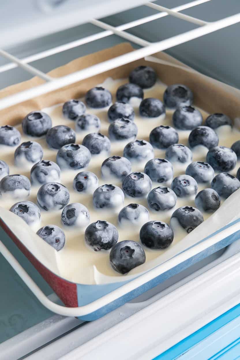  Indoor freezer-door view of a parchment-lined tray holding individual blueberries coated in yogurt, some frost visible. No text or logos