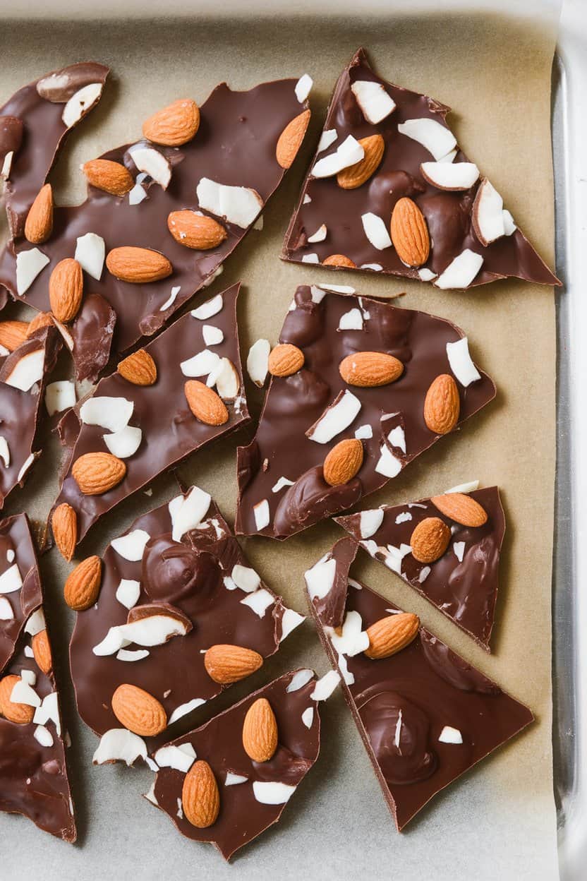 An indoor tray lined with parchment showcasing broken shards of chocolate bark studded with almonds and coconut flakes. No visible logos.
