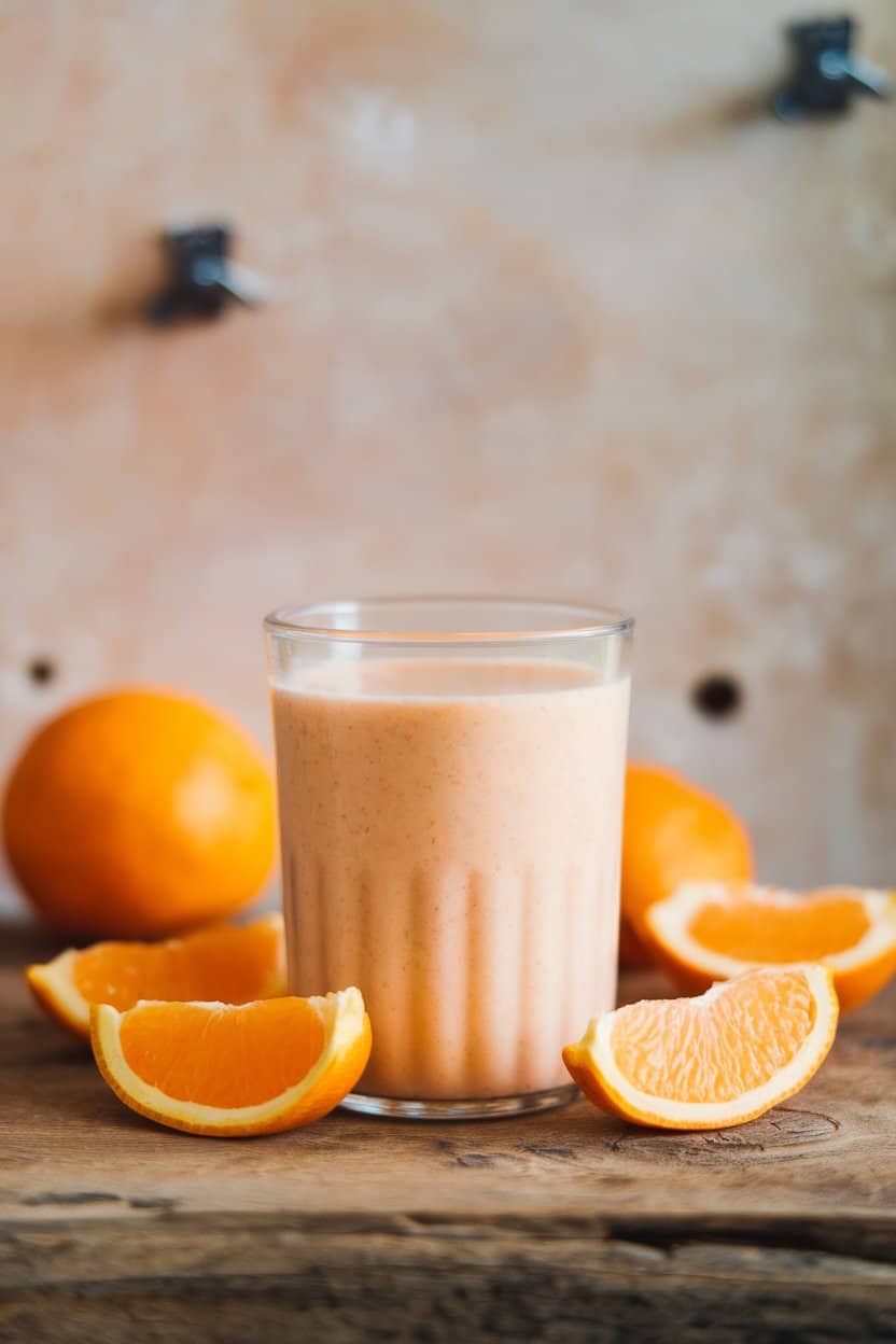  Indoor kitchen setting with a pastel orange smoothie in a small tumbler, clementine segments around the base, no text or logos.