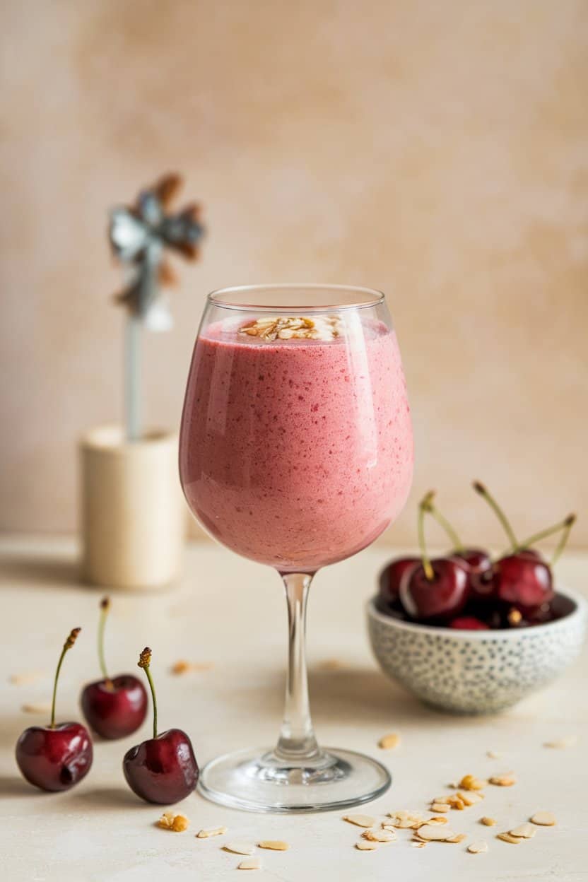 Indoor setting with a pinkish-red cherry smoothie in a stemless wine glass, garnished with slivered almonds. A small bowl of pitted cherries sits beside it; no text or brand marks. Photo only.