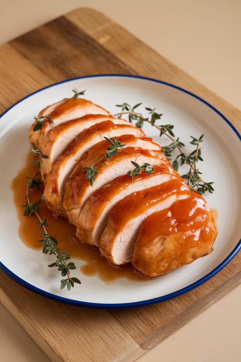Indoor plate of sliced chicken breast coated in glossy apricot glaze, garnished with thyme. No text or logos.