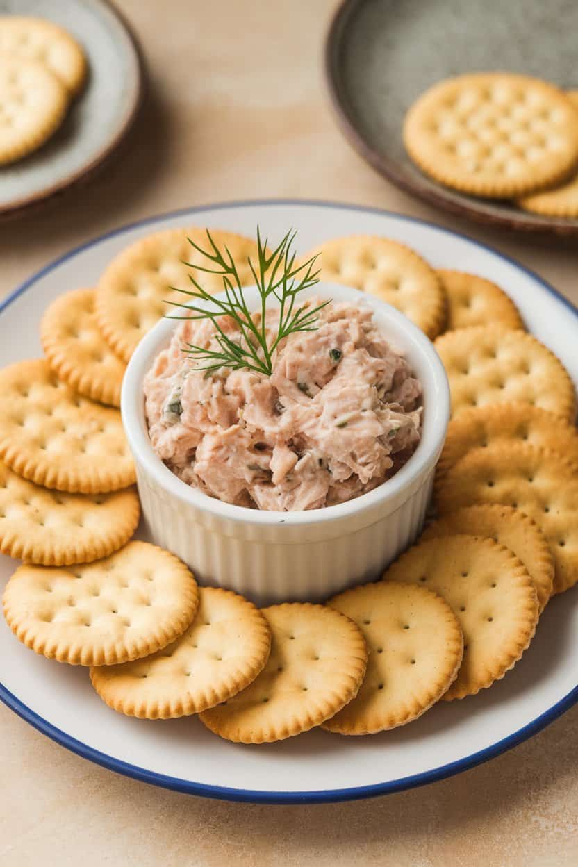 An indoor plate featuring a small ramekin of creamy tuna salad surrounded by plain crackers, garnished with a dill sprig. Soft kitchen lighting, no text or logos
