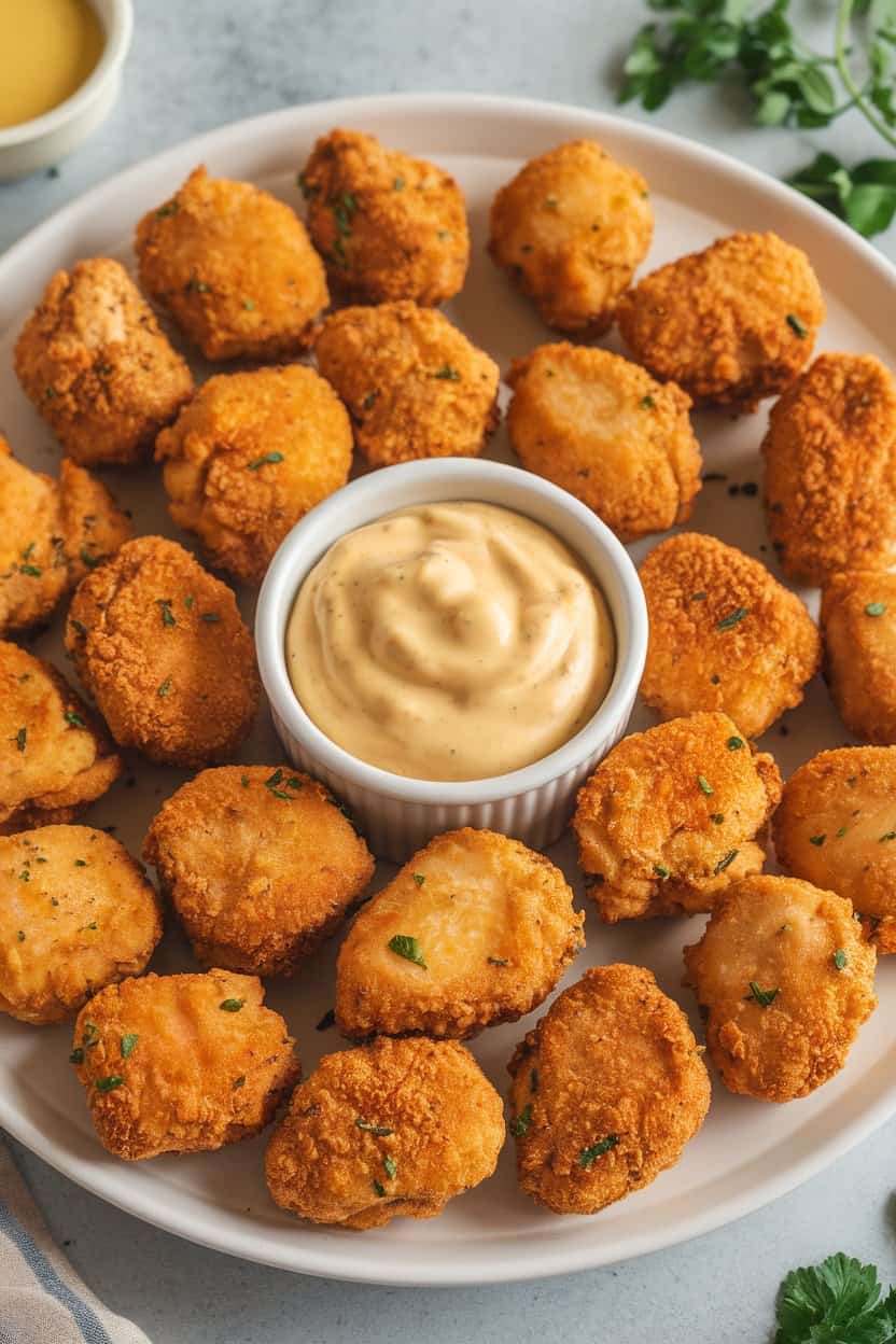  Indoor platter of crispy baked chicken nuggets arranged around a small bowl of honey mustard sauce. No visible branding or text.