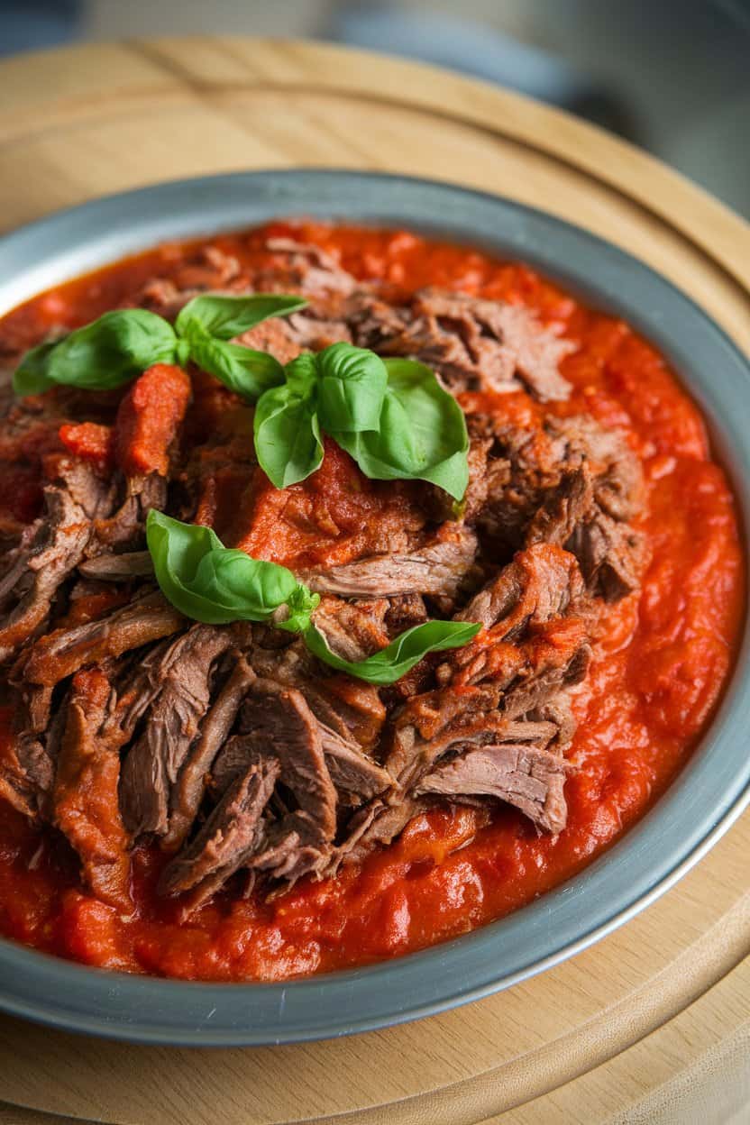 Indoor platter of shredded beef in tomato sauce garnished with fresh basil ribbons. No text or logos