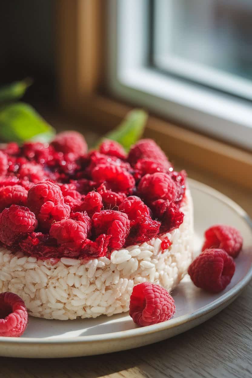 An indoor snack plate with a rice cake spread with vibrant smashed raspberries, seeds visible, sunlight from a nearby window—no logos or text.