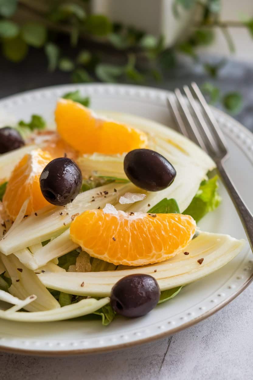 A photo of a salad with juicy orange segments, paper-thin fennel, and black olives.