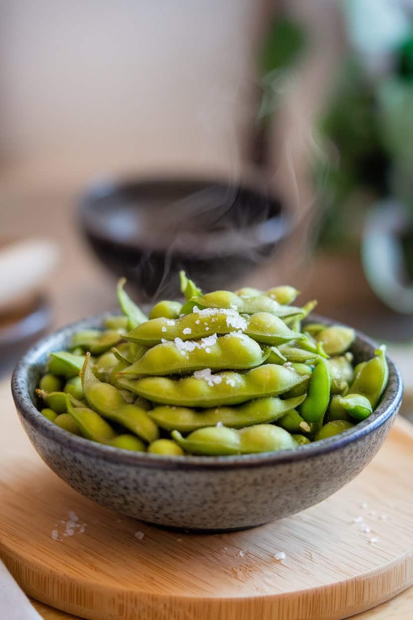 A shallow indoor bowl filled with bright green cooked edamame pods lightly sprinkled with sea salt, steam gently rising. No logos anywhere in sight.