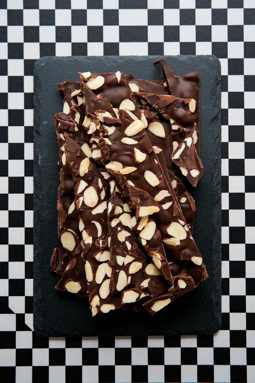 An indoor slate board with shards of dark chocolate almond bark, almond pieces visible in each slice. Controlled overhead lighting, free of text or logos.