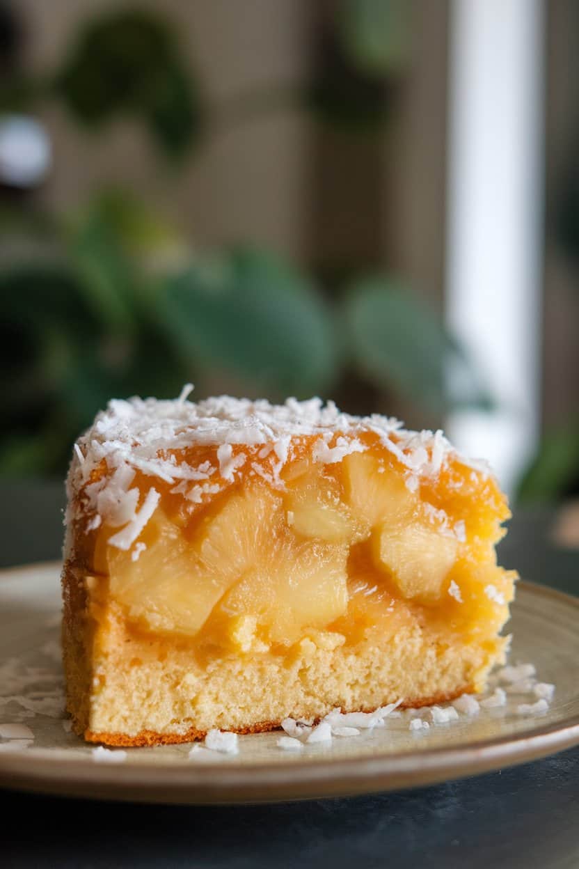 A slice of coconut-topped upside-down cake with a caramelized layer of pineapple and shredded coconut, shown on an indoor plate. No branding or text. Photo, not illustration.