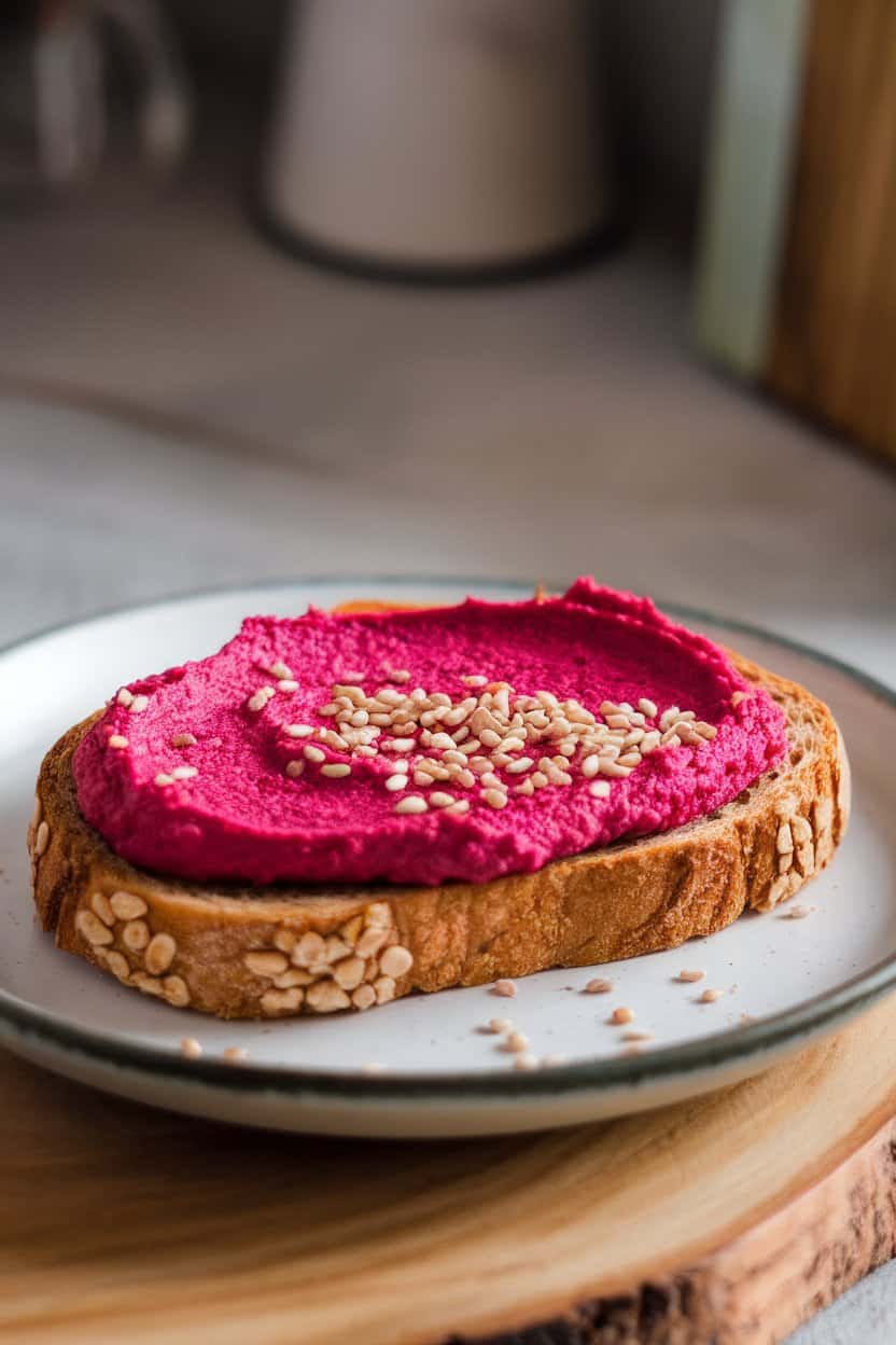 An indoor countertop featuring a slice of whole-wheat toast spread with vivid pink beet hummus, garnished with sesame seeds—no branding or text.