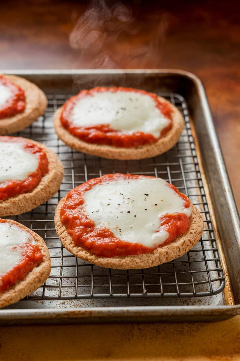 An indoor oven-side shot of a small baking tray with toasted whole-grain pita rounds topped with marinara and melted mozzarella, steam rising—no visible brands.
