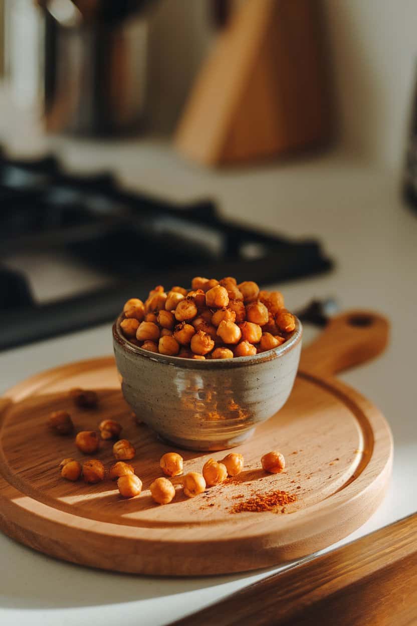 A small ceramic bowl of golden roasted chickpeas on an indoor kitchen island, light catching their crispy texture. No branding or text in frame