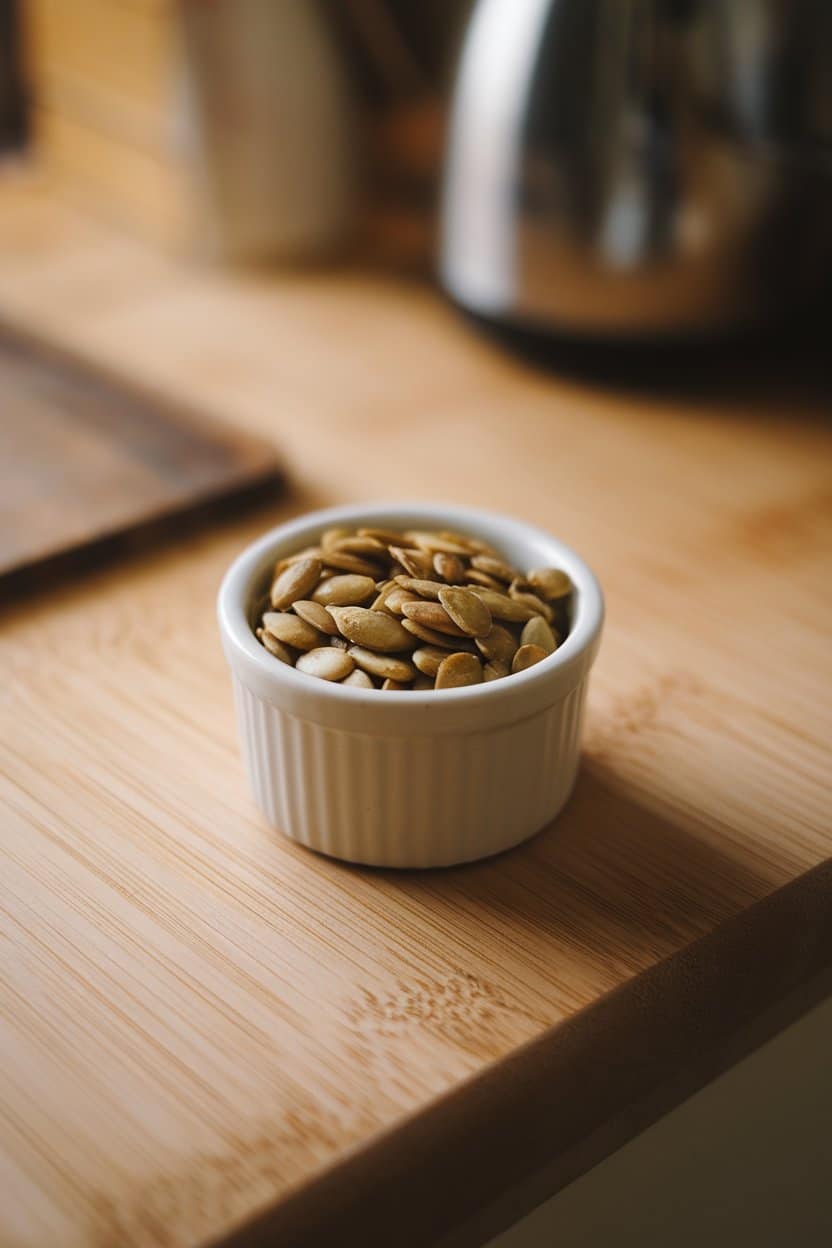 Small ceramic ramekin of dry-roasted pumpkin seeds on an indoor workstation, shot close-up. No text or logos visible