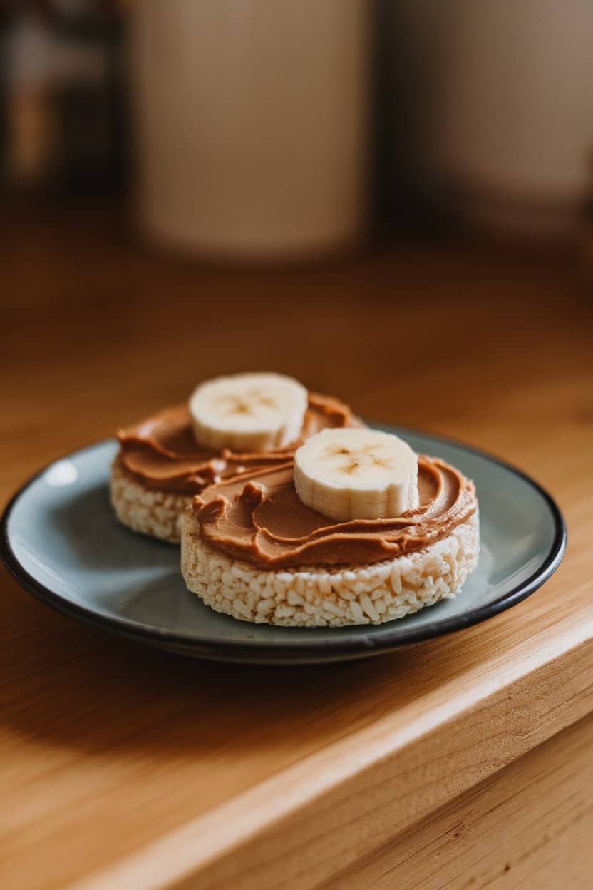 A small indoor plate with two rice cakes generously spread with creamy almond butter and topped with banana slices. Natural lighting, no visible text or branding.