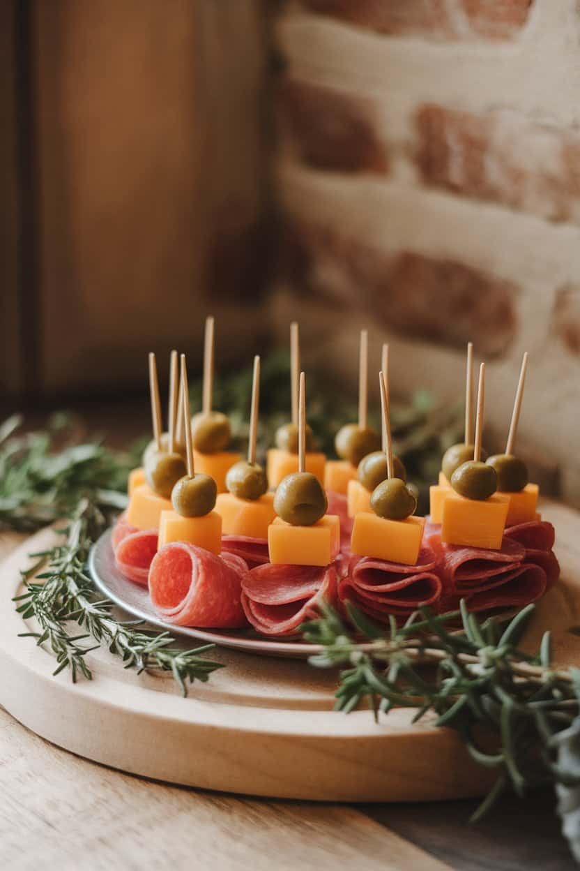A small indoor platter displaying toothpick skewers alternating cheddar cubes, salami rounds, and green olive halves. Soft warm lighting, no text or logos