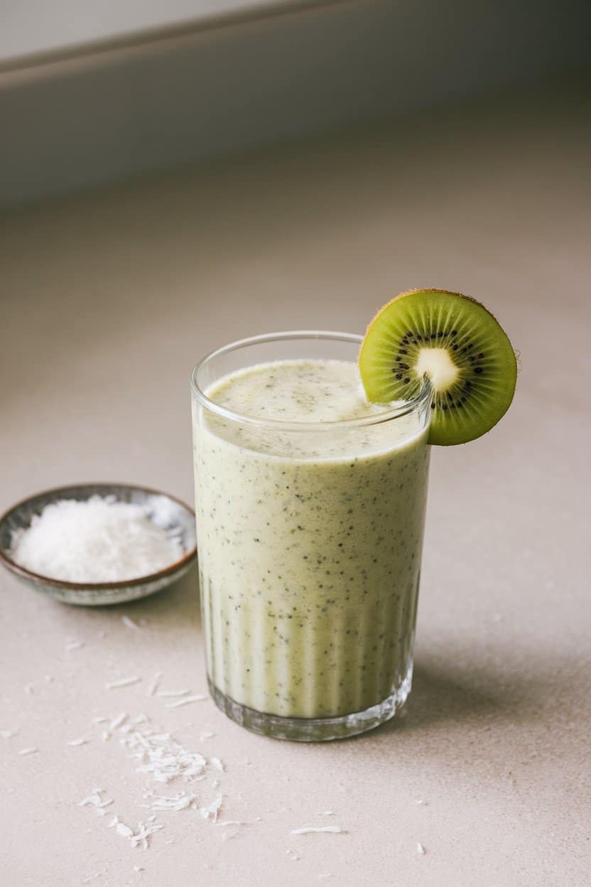  Indoor countertop showcasing a speckled green kiwi smoothie in a clear glass, with a kiwi slice on the rim and a small dish of shredded coconut close by. No text or logos.