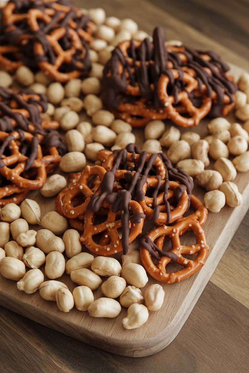  Indoor snack board showing small piles of mini pretzels and roasted peanuts lightly drizzled with melted chocolate, set until firm. No branding or text present
