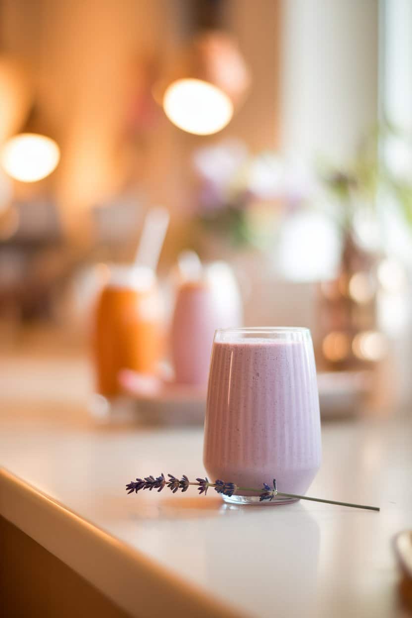 Soft, warmly lit indoor counter with a pastel purple smoothie in a glass tumbler, a tiny lavender sprig resting beside the base. No branding or text.