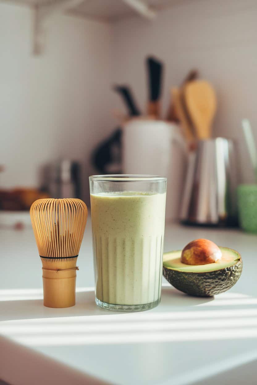 Softly lit indoor kitchen counter with a pale green smoothie in a glass tumbler, a bamboo matcha whisk and half an avocado resting beside it. No text or logos; photo only