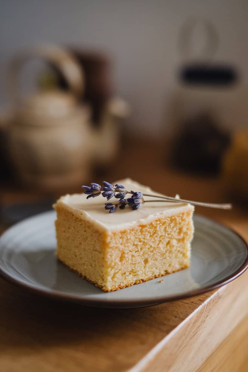 A square of golden snack cake garnished with a few dried lavender buds on an indoor plate. Soft, neutral lighting; no text or logos. Photo only.